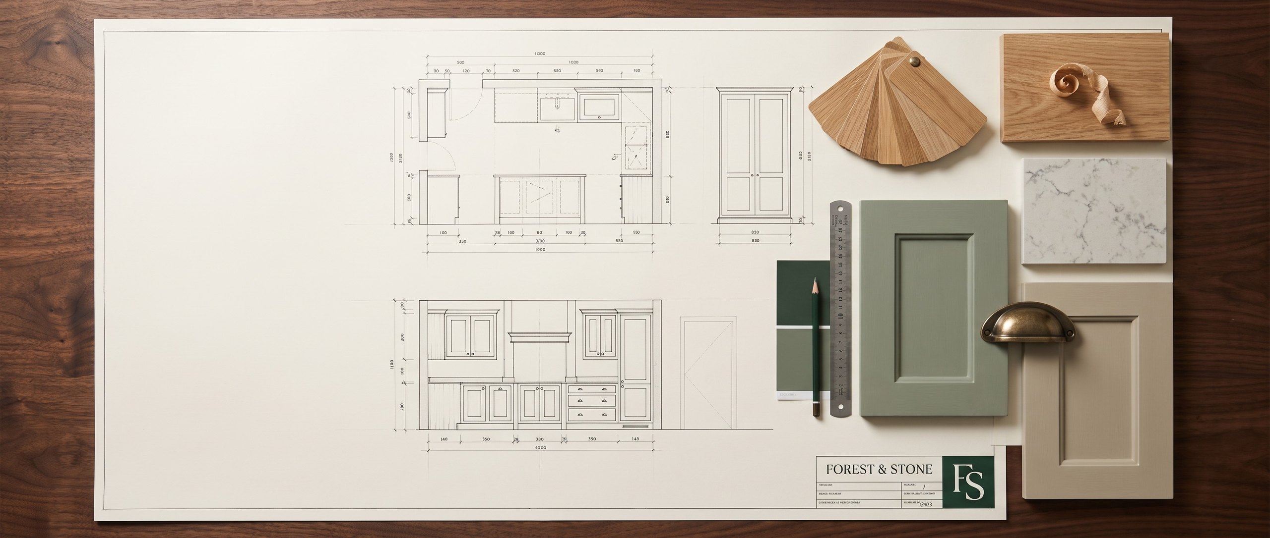 A Forest & Stone joinery drawing of a shaker kitchen and wardrobe, with oak, stone, painted door samples and a brass cup handle laid over it like a mood board