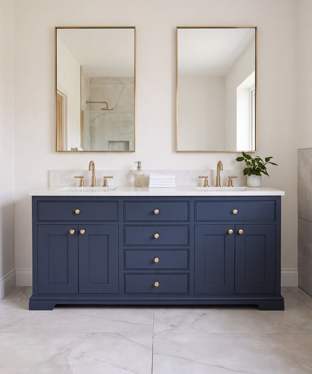 Navy painted double vanity with a white stone top, brass taps and twin brass-framed mirrors