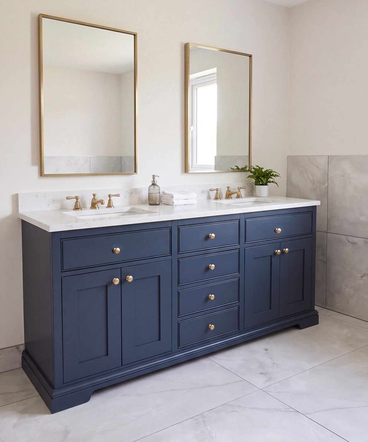 The navy vanity at an angle, with its central bank of drawers and brass knobs