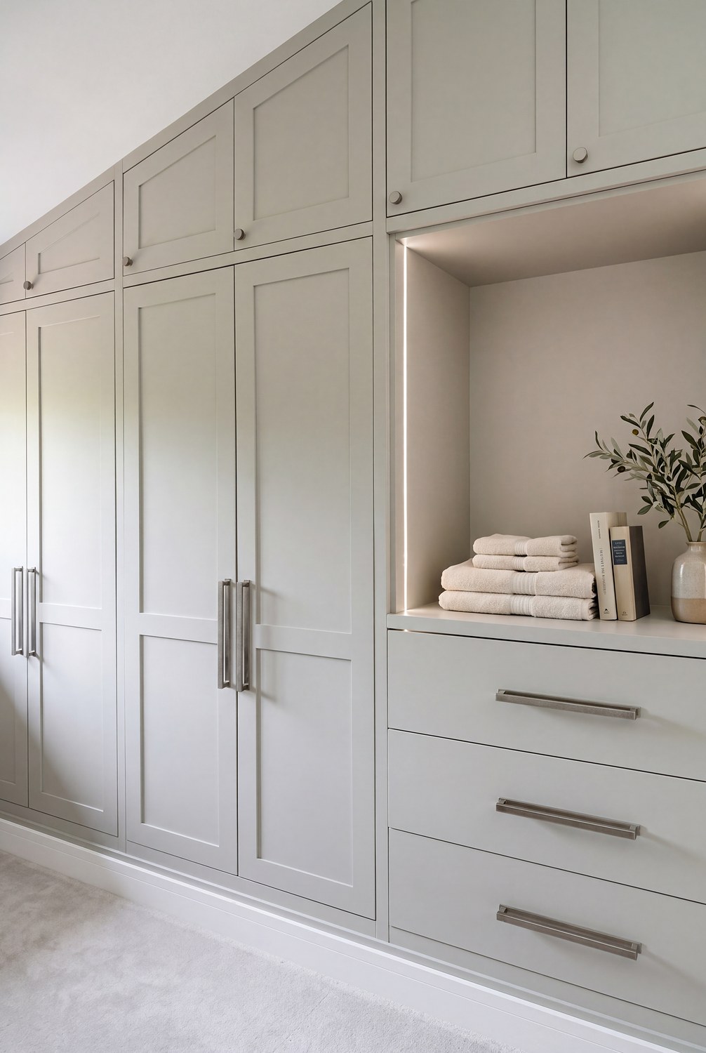 Pale grey fitted wardrobes with a lit open shelf above three drawers