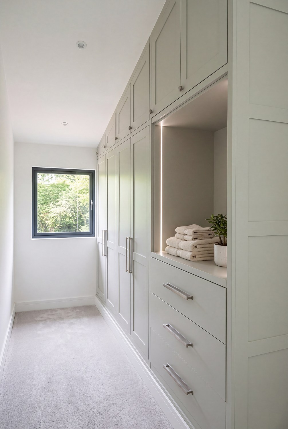 A long run of fitted wardrobes rising with the pitch of the roof, with a lit open shelf above three drawers