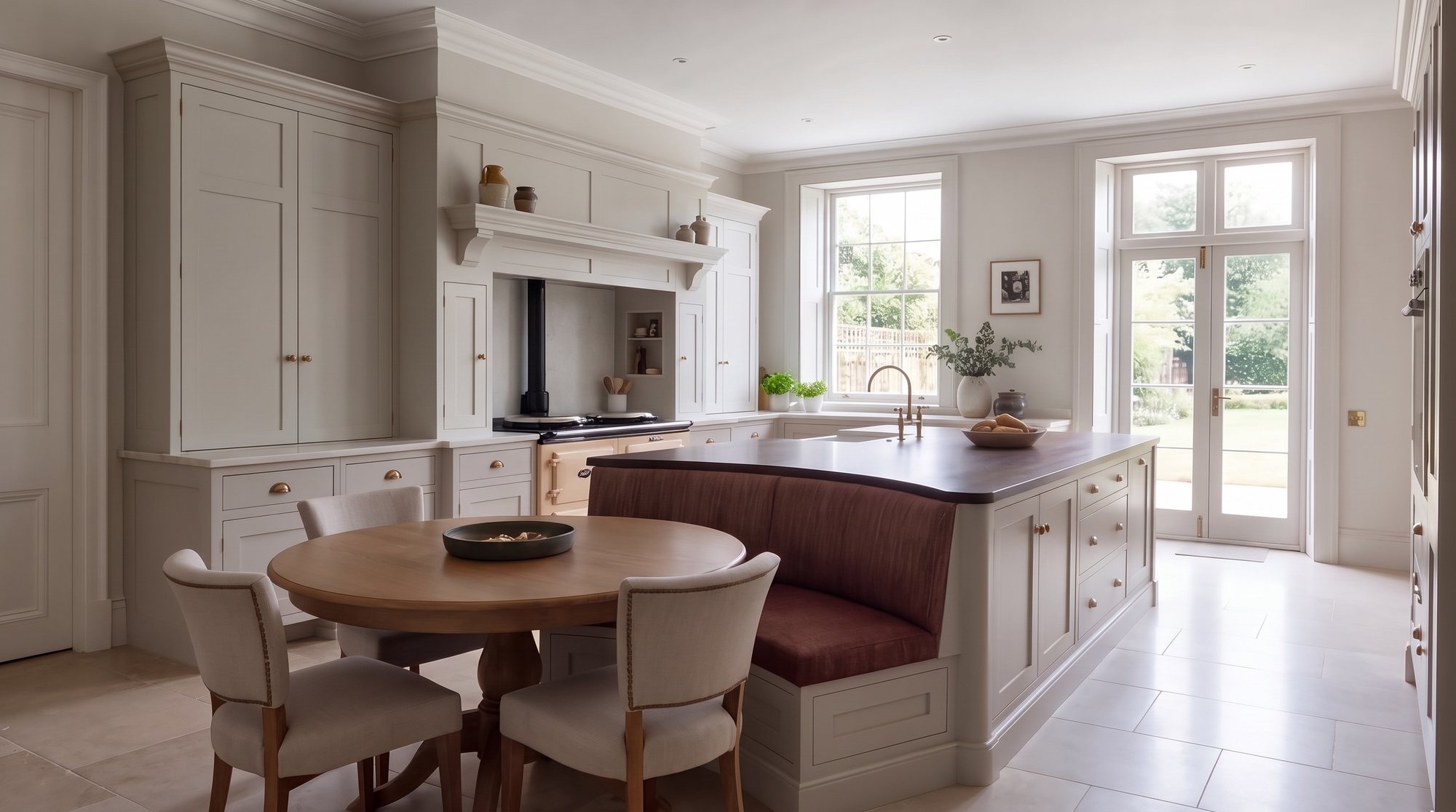 Painted kitchen with a curved banquette island and round oak table
