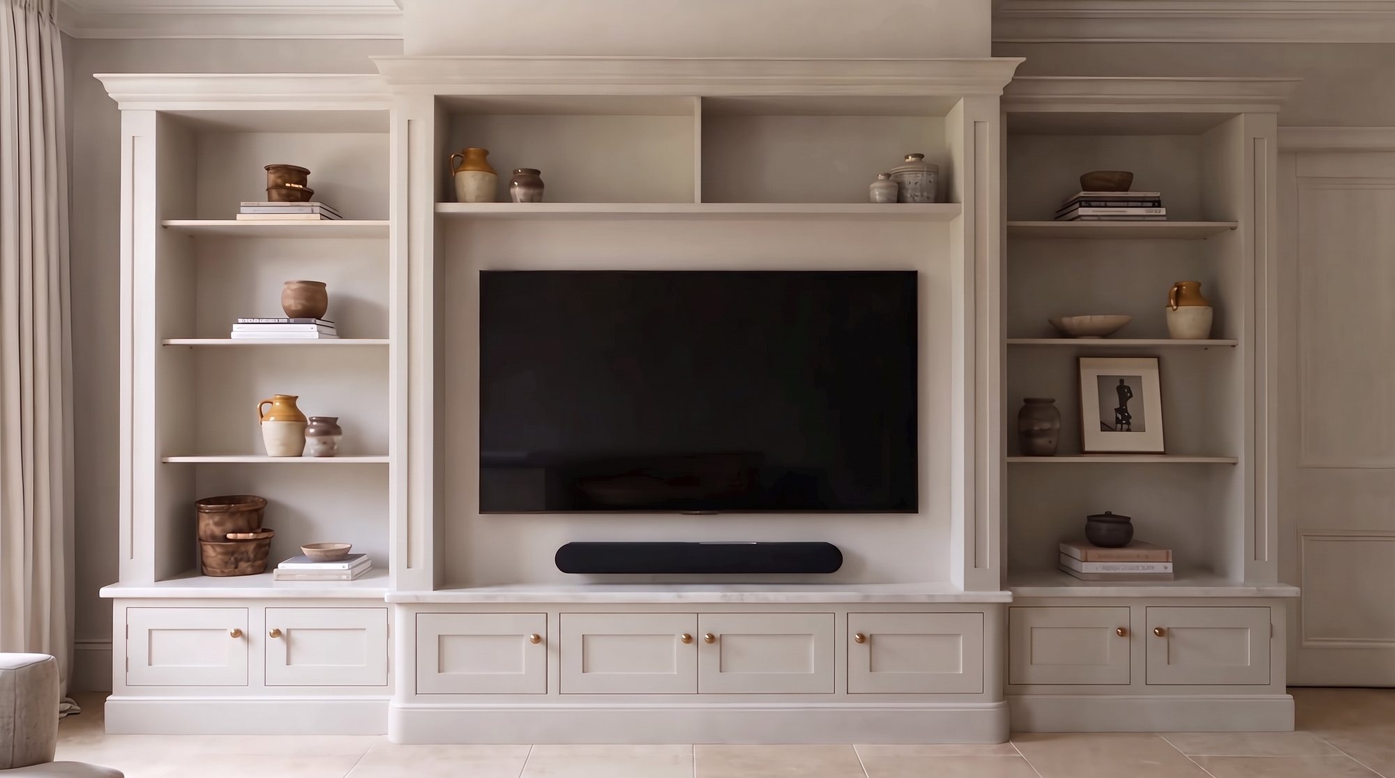 Painted bookcase and media wall framing a television