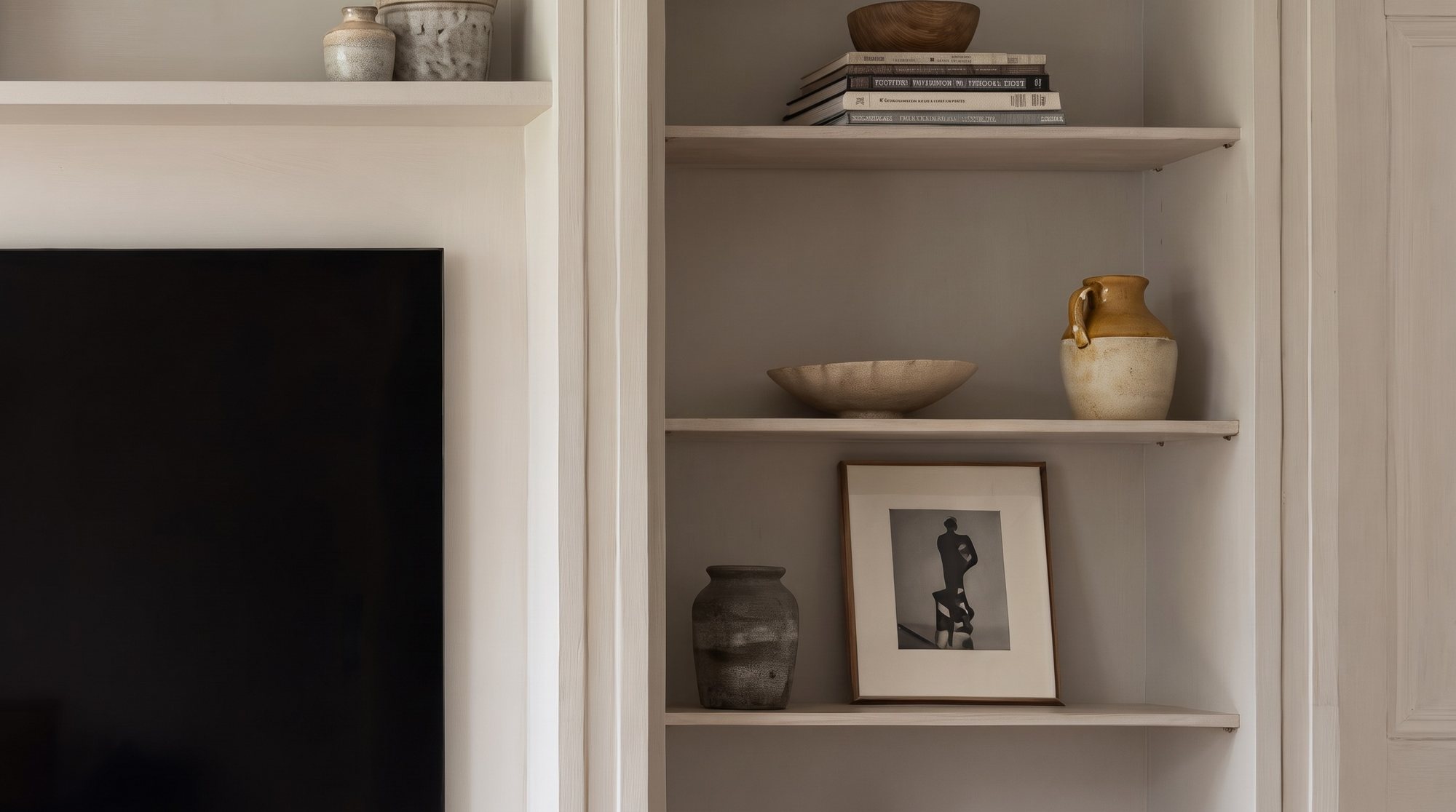 Close view of the painted bookcase shelving beside the television, styled with ceramics, books and a framed print