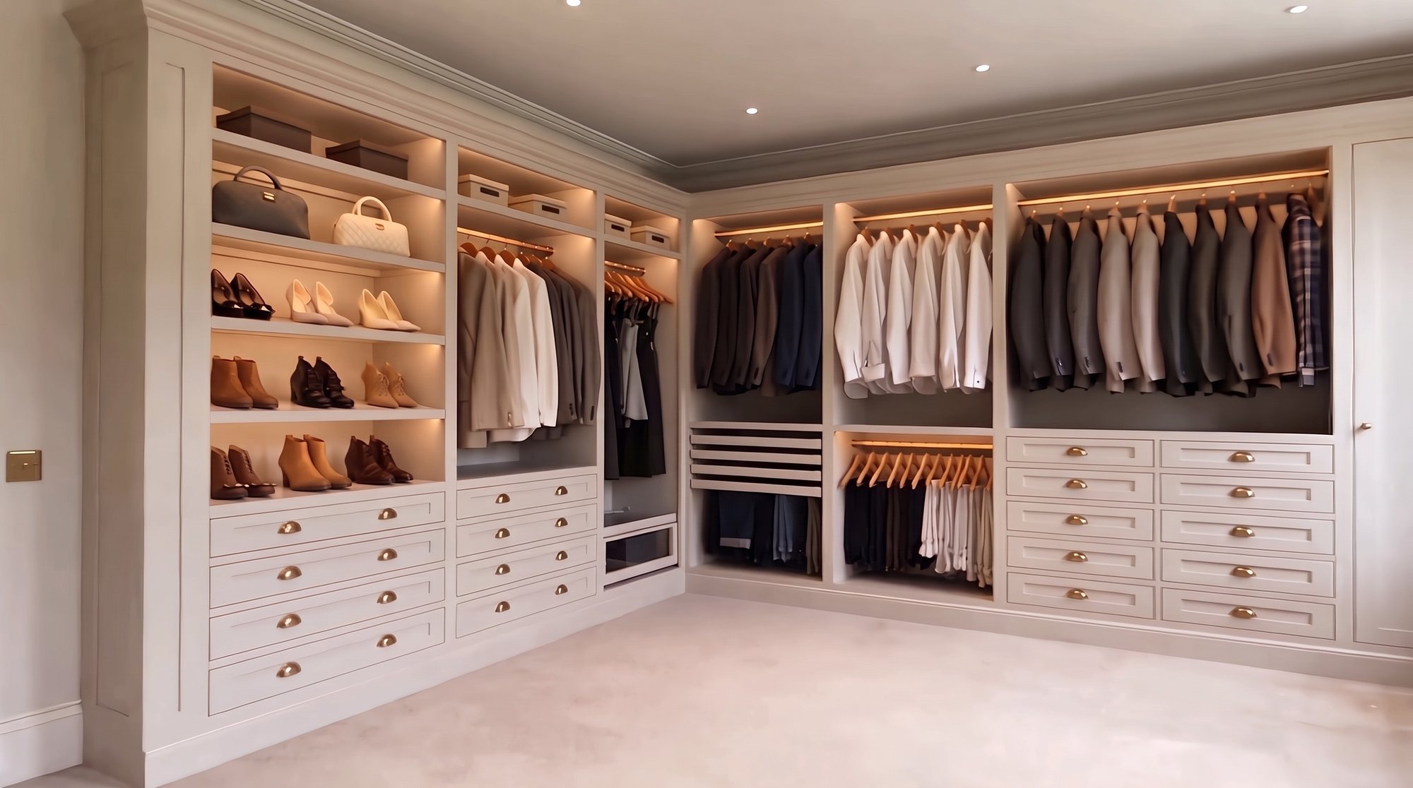 Dressing room lined with lit shelving, hanging rails and drawers with brass cup handles
