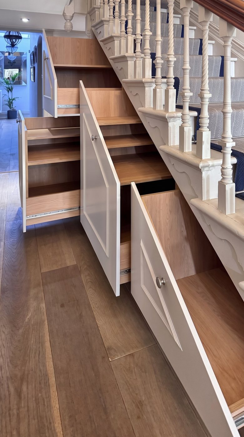 Under-stairs drawers pulled open, showing oak-lined interiors