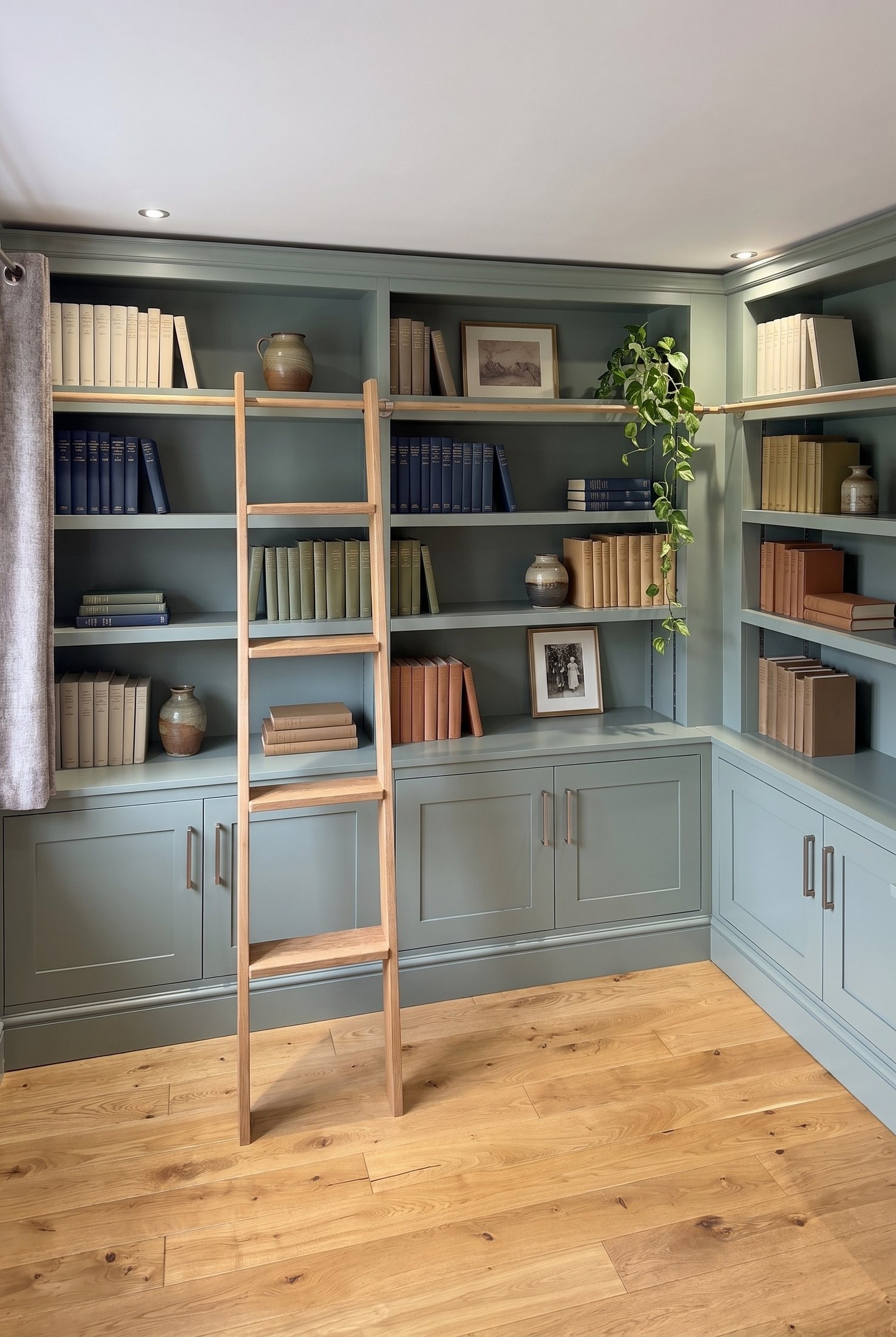 Sage-green fitted library shelving with an oak library ladder