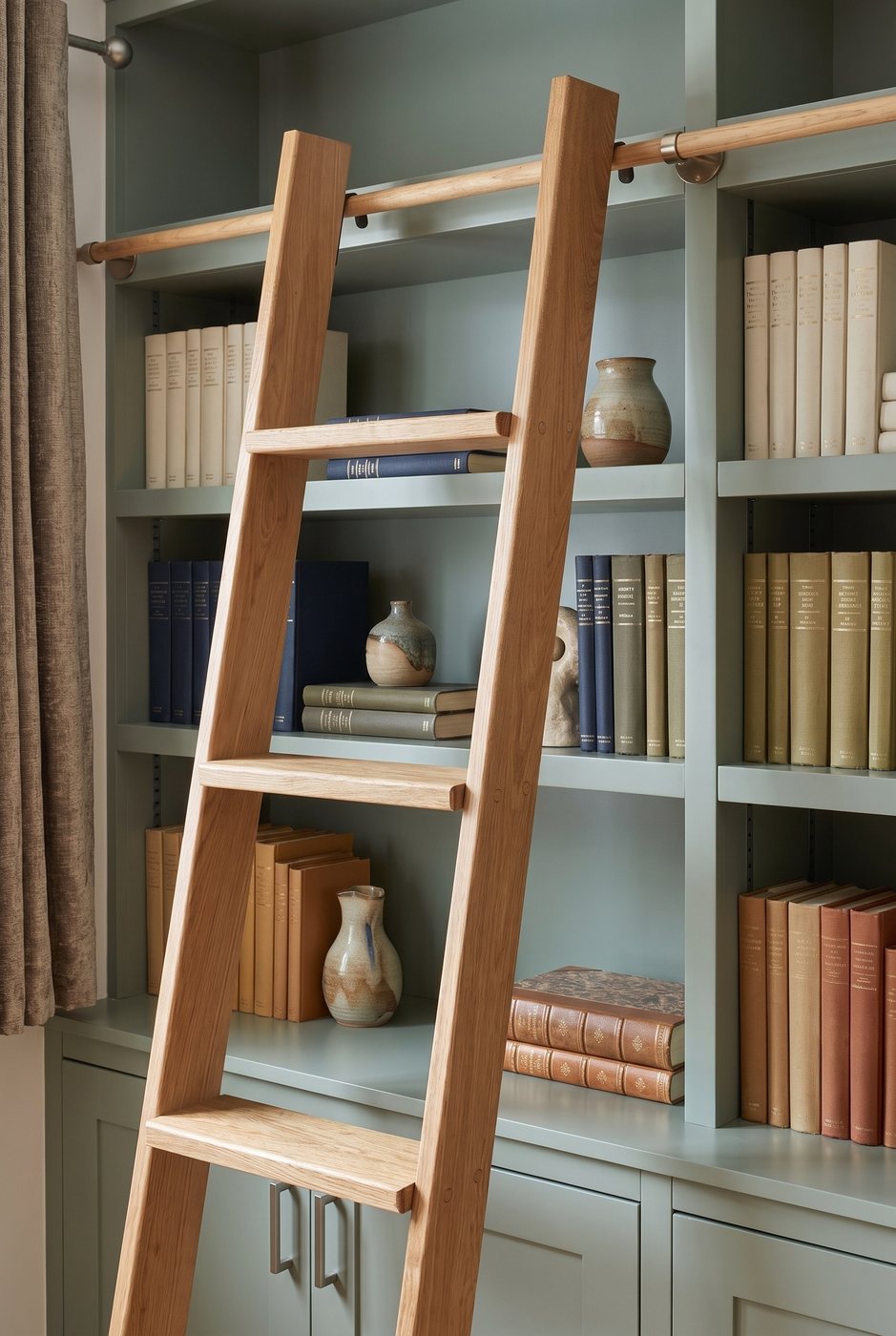 Close view of the oak library ladder hooked onto the timber rail